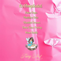 It's Complicated label artwork with crinkled hot pink wrapping paper background. It's Complicated and notes in pastel yellow text. Notes: lemon sugar, madeleine cake, shredded coconut, tonka bean frosting, warm vanilla. Fairy Nest logo (fairy in nest with peonies, chameleon, and crown). 