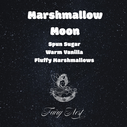 Marshmallow Moon label artwork with black starry night sky. Marshmallow Moon and notes in white text. Notes: spun sugar, vanilla, marshmallows.Fairy Nest logo (fairy in nest with peonies, chameleon, and crown). 